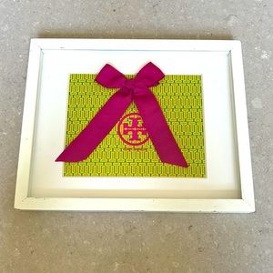 Tory Burch Framed Shopping bag ribbon yellow neon green pink white wood as is